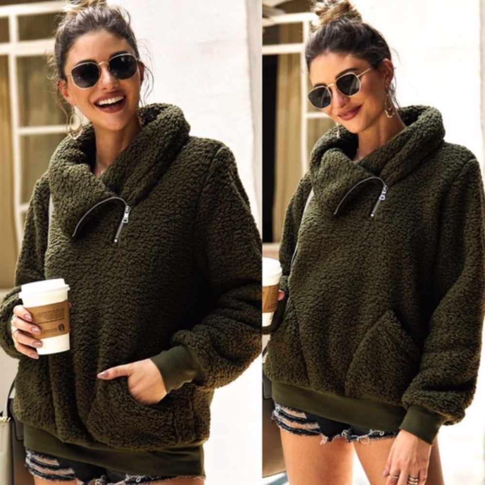 Cozy Olive  teddy furry Zipper Detail Sweater